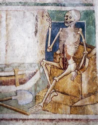 Chiesa fortificata di Hrastovlje, Chiesa della Trinità, La morte apre la lastra della tomba, Danza della Morte (1490), dettaglio degli affreschi di Janez Iz Kastva, Slovenia