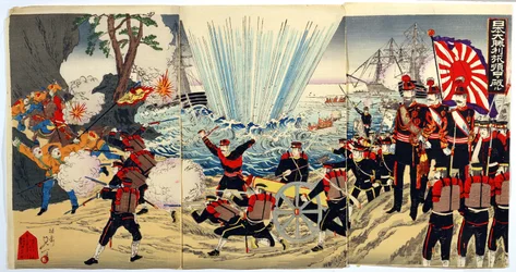 Sbarco costiero delle forze giapponesi sulle coste cinesi, un episodio della guerra sino-giapponese, fine XIX secolo