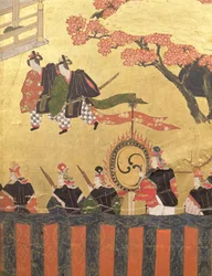 Dettaglio di uno schermo a quattro foglie che raffigura due cortigiani che indossano kazaritachi e soldati, Scuola Tosa, Periodo Edo