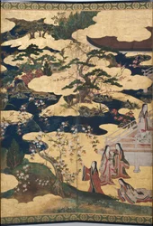 (dettaglio) Primavera nel Palazzo, schermo a sei pieghe da Il Racconto di Genji, c.1650 (inchiostro, colori e oro su carta)