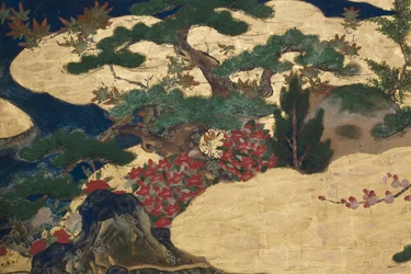 (dettaglio) Primavera nel Palazzo, schermo a sei pieghe da Il Racconto di Genji, c.1650 (inchiostro, colori e oro su carta)
