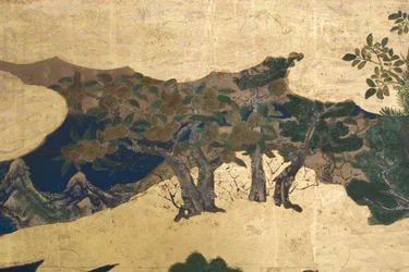 (dettaglio) Primavera nel Palazzo, schermo a sei pieghe da Il Racconto di Genji, c.1650 (inchiostro, colori e oro su carta)