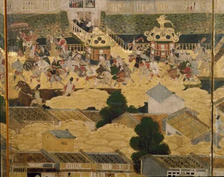 Particolare di Vedute di Kyoto e dintorni (Rakuchu rakugai zu), 1616-24 circa (inchiostro, colore e foglia d