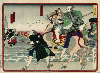 Gruppo di samurai su un ponte (incluso un cavallo) - in “La vendetta dei 47 ronin” XIX secolo: Serie di Kabuki