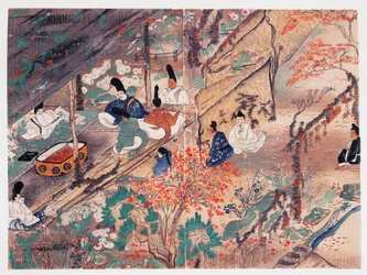 Statista e poeta Heian Sugawara Michizane, noto come Tenjin-San, in esilio nel santuario Kitano Tenman-Gu a Kyoto divide i vestiti donati dall