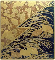 Astuccio in pietra calcarea con disegno di erba della pampa e quaglia, periodo Edo, 1630 circa (legno laccato con oro, pietra calcarea e argento)