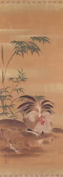 Kakemono giapponese di un galletto, una gallina e dei pulcini (inchiostro e doratura su carta)