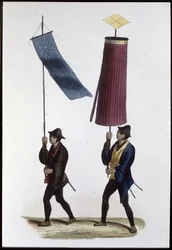 Soldati giapponesi con stendardi, 1860 (incisione)