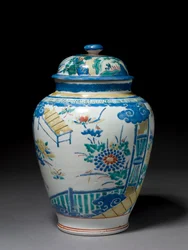 Vaso con coperchio associato, c.1660-80 (porcellana con smalto sovrasmalto)
