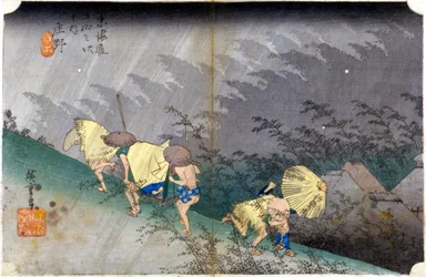 Paesaggio sotto la pioggia. Stampa giapponese. XIX secolo.