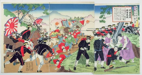 Infermieri della Croce Rossa durante la guerra sino-giapponese del 1894-95 (stampa a blocchi di legno a colori)