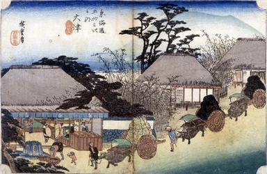 Contadini che attraversano un villaggio con i loro carri - stampa giapponese