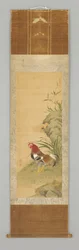 Gallo vicino a una roccia, fine XVIII o inizio XIX secolo (Rotolo appeso: inchiostro e colore su seta, legno)