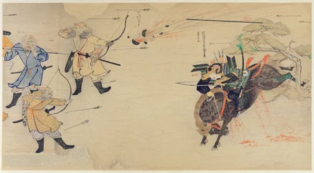 Samurai Takezaki carica gli invasori mongoli mentre i proiettili esplodono sopra durante le invasioni mongole del Giappone nel 1274, illustrazione da Kokka magazine, maggio 1921
