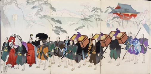 Guerrieri samurai in marcia, da un album di xilografie del XIX secolo