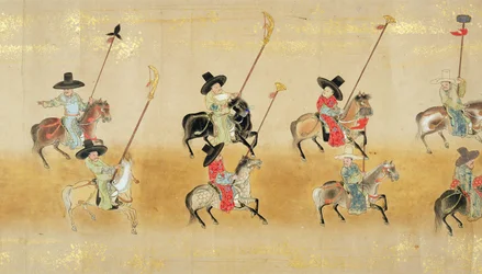 Sesta ambasciata coreana in Giappone nel Meireki 1 al tempo della successione di Tokugawa Ietsuna nel 1651, forse di Kano Masunobu (1625-94) (dipinto su rotolo) (dettaglio)