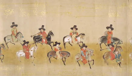 Sesta ambasciata coreana in Giappone nel Meireki 1 al tempo della successione di Tokugawa Ietsuna nel 1651, forse di Kano Masunobu (1625-94) (dipinto su rotolo) (dettaglio)