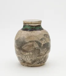 Vaso per foglie di tè per sencha, con coperchio abbinato, ceramica correlata a Kyoto