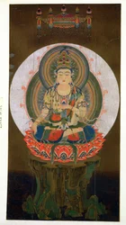 Il Bodhisattva Akashagarba che tiene il gioiello Cintamani (che esaudisce i desideri) nella mano sinistra e seduto su un loto, illustrazione da un kakemono del IX secolo dal tempio di Daigo