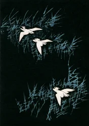Tre gru in un paesaggio nero