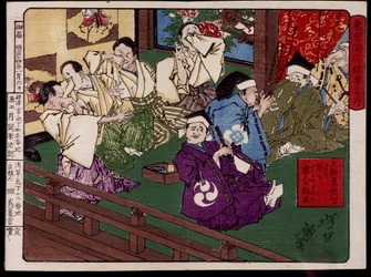 Ueno-Toshogu, il musicista che pete - stampa giapponese di Tsunajima Kamekichi