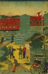 Scena di villaggio in Giappone con persone impegnate in varie attività, c.1870
