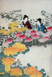 Donne in un giardino fiorito (stampa a blocchi di legno a colori)