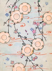 Stampa xilografica a colori di lanterne in un ciliegio in fiore