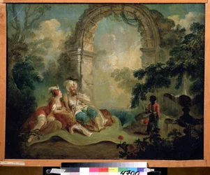 Orientalismo: «Pascià turco e odalisca distesi su un tappeto, serviti da un domestico nero». Dipinto di Jean-Baptiste Hilaire (1753-circa 1822), Museo Puškin, Mosca