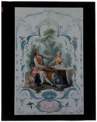 Due pannelli decorativi con coppie di amanti intitolati "Il picnic" e "Il brindisi"