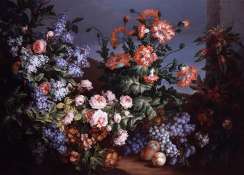 Natura morta di rose e lillà. Dipinto di Jean Baptiste (Jean-Baptiste) Monnoyer (1634-1699) Collezione privata.