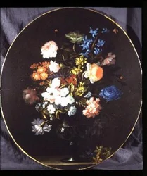 Natura Morta di Fiori tra cui Rose, Garofani e Giacinti in un Vaso di Vetro (ovale)