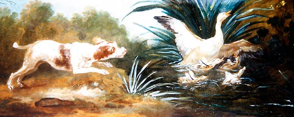Paesaggio con un cane che insegue anatre
