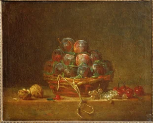 Cestino con prugne, noci, ribes e ciliegie (dipinto su tela)