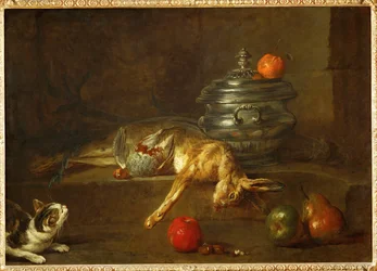 Gatto che guarda una pernice e una lepre morte, gettate accanto a una pentola a olio (dipinto su tela)
