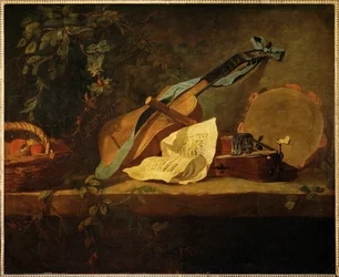 Strumenti musicali e cesto di frutta (dipinto su tela)