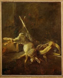 Due lepri, una borsa da gioco e una borraccia (dipinto su tela)