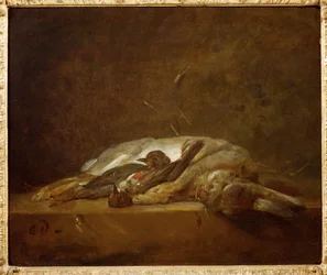 una lepre, due tordi morti (pittura su tela)