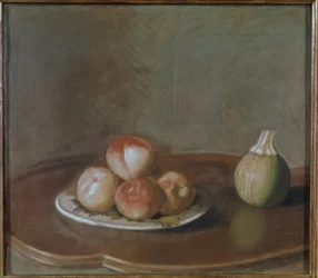 Natura morta con pesche e zucca