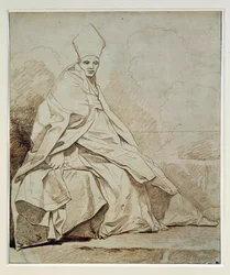 Studio di una figura panneggiata che indossa un costume ecclesiastico ...