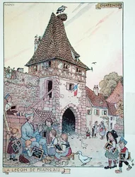Un soldato francese che insegna il francese ai bambini alsaziani che sono diventati di nuovo cittadini francesi, illustrazione da 
