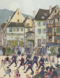 Herr Forstner lascia Saverne con i suoi soldati dopo aver comprato del cioccolato nel 1913, illustrazione da 