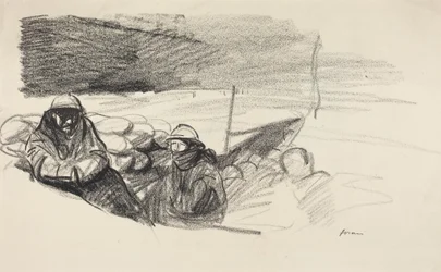 a) Due soldati in trincea (recto); b) Interno con figure sedute dietro un tavolo (verso)