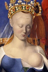 (dettaglio) della Vergine che allatta raffigurata come Agnese Sorel (dopo la Vergine di Anversa, di Jean Fouquet, circa 1452-1455)