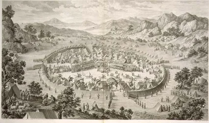 Tchao-Hoei Occupa le sue Truppe con Esercizi e Giochi Militari nel 1758, tavola 5 da una serie di stampe che rappresentano le conquiste di Qianlong, l