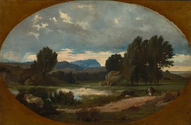 Paesaggio con cavaliere su cavallo bianco