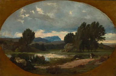 Paesaggio con cavaliere su cavallo bianco