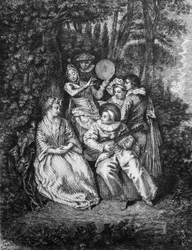 La serenata italiana incisa da Gerard Jean Baptiste Scotin (1671-1716), dopo Watteau