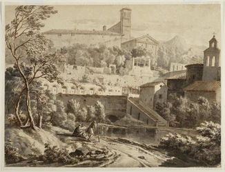Un artista che disegna lungo una riva del fiume, sotto una città italiana, c.1780