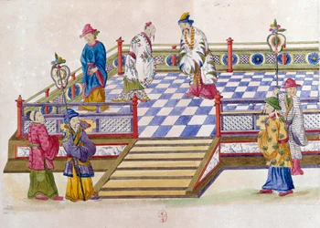 Disegno da un vaso cinese: scena al palazzo. Dipinto di Jean Antoine Fraisse (XVIII secolo)